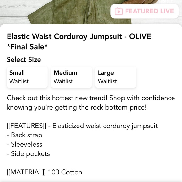 NWOT Love Riche Corduroy Jumpsuit Olive Green 100% Cotton - Picture 4 of 7